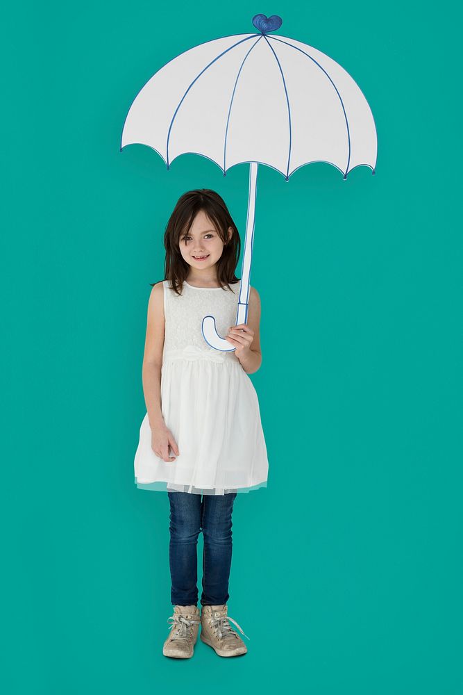 Portrait of a Little Caucasian Girl Smiling with an Umbrella Isolated