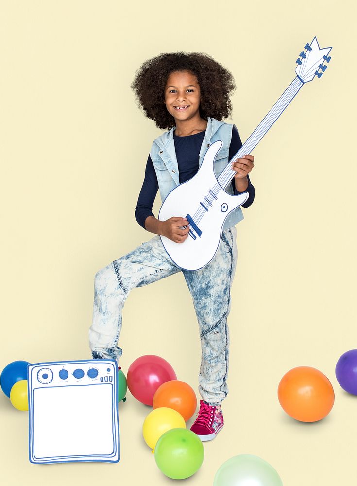 Portrait of a Little African Descent Girl with a Guitar Isolated