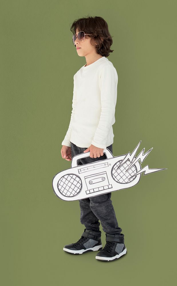 Caucasian Little Boy Holding Fake Jukebox