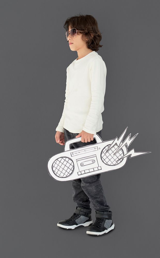 Caucasian Little Boy Holding Fake Jukebox