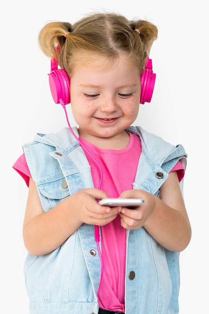 Little Girl Listen Music Wear Headphone