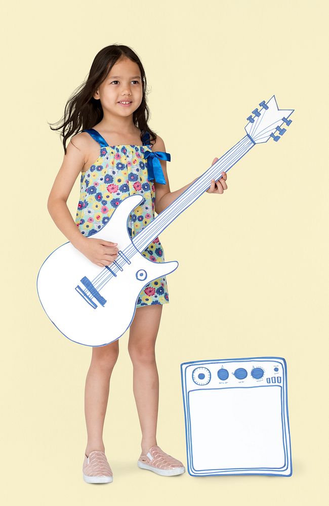 Little Girl Playing Papercraft Guitar