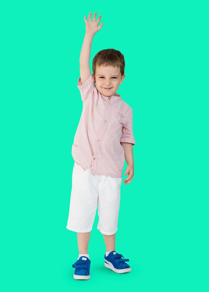 Caucasian Little Boy Cheerful Raising Hand