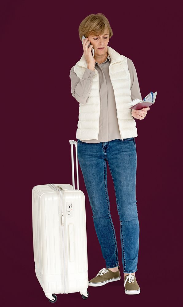 Senior Adult Woman Mobile Phone Luggage Traveling