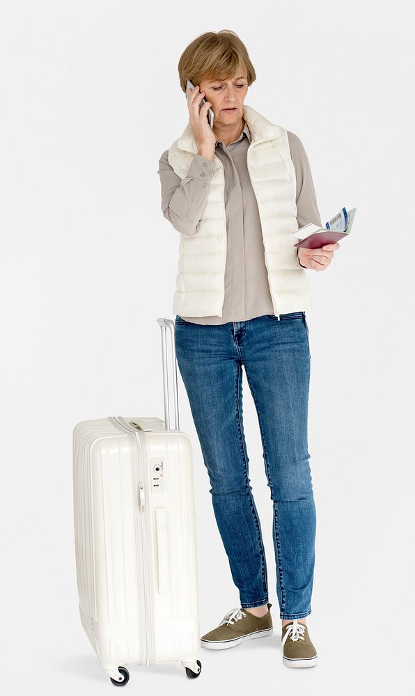 Senior Adult Woman Mobile Phone Luggage Traveling