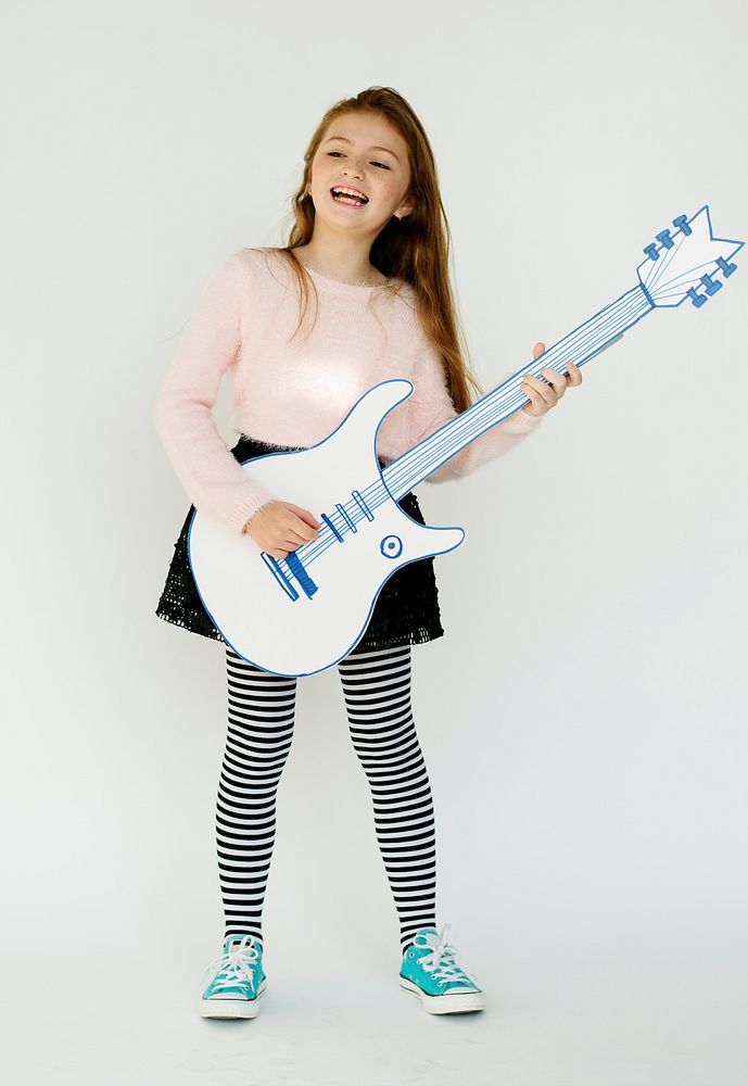 Little Girl Holding Papercraft Arts Guitar Music Studio Portrait