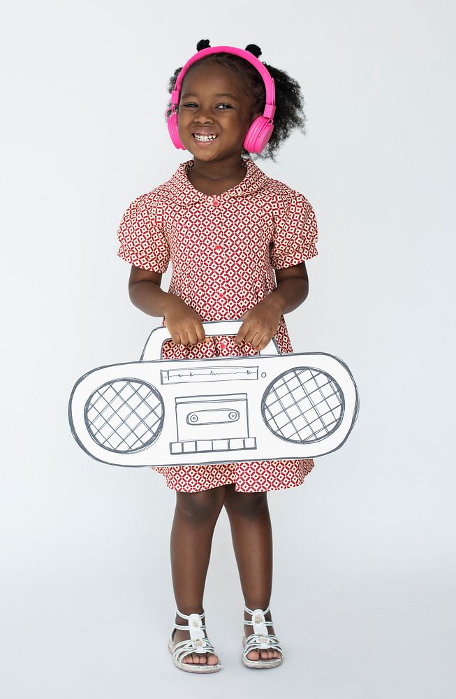 Little Girl Listening Music Headphones Paper Craft Radio Studio Portrait