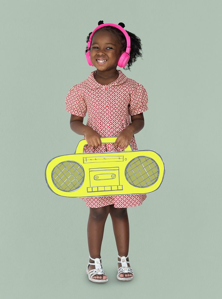 Little Girl Headphones Holding Radio