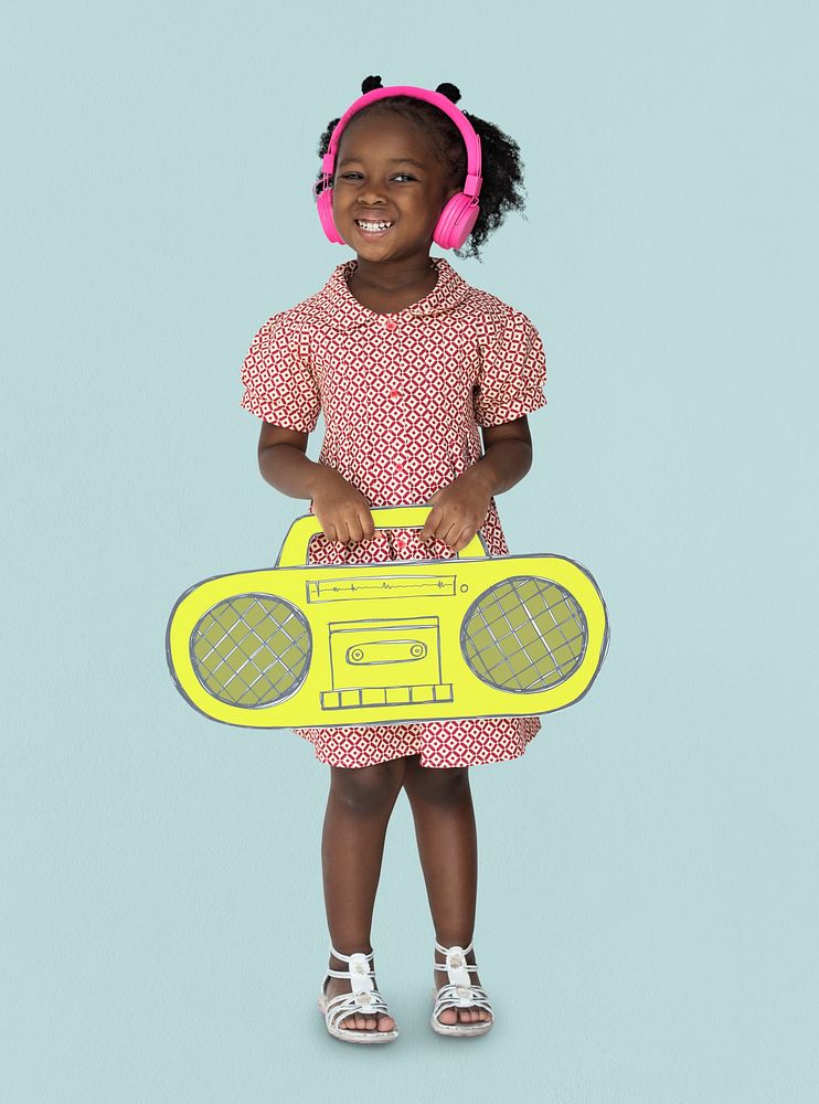 Little Girl Headphones Holding Radio