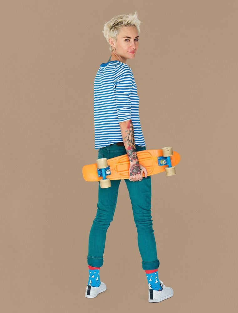 Caucasian Blonde Woman Holding Skateboard
