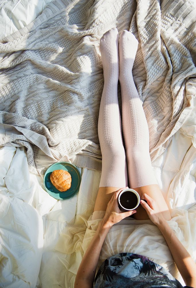 Woman Hot Coffee Croissant On Bed Morning