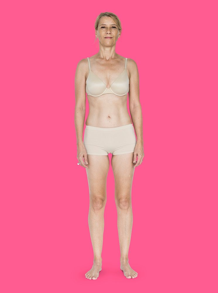 Caucasian Blonde Female Model On Pink Background