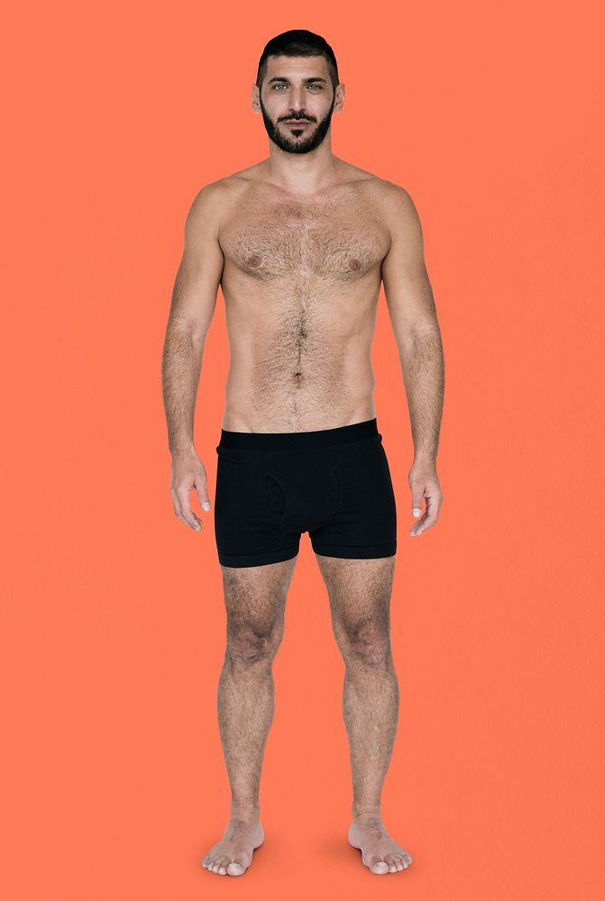 Caucasian Black Hair Male Model On Orange Background