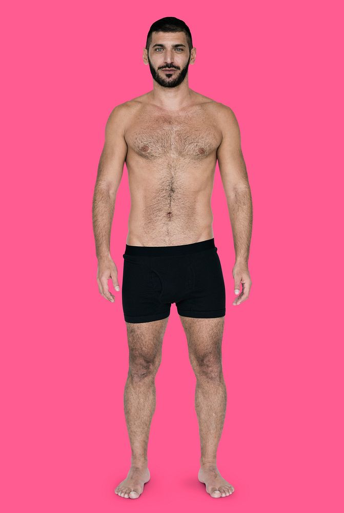Caucasian Black Hair Male Model On Pink Background
