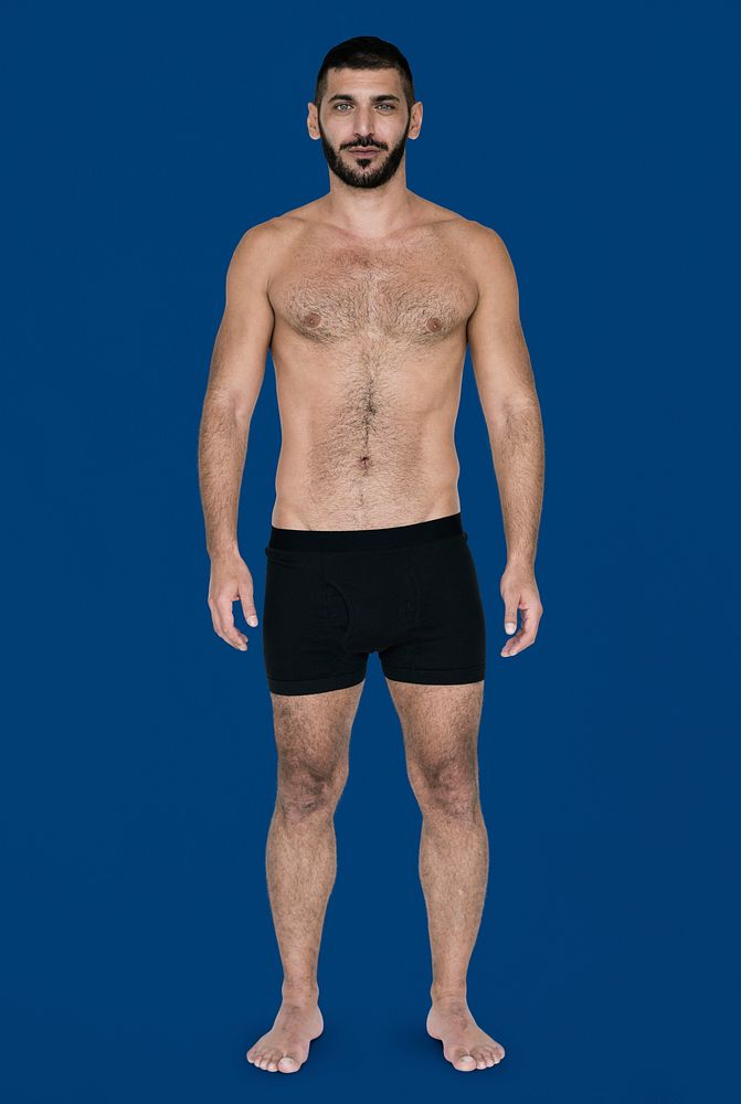Caucasian Black Hair Male Model On Blue Background