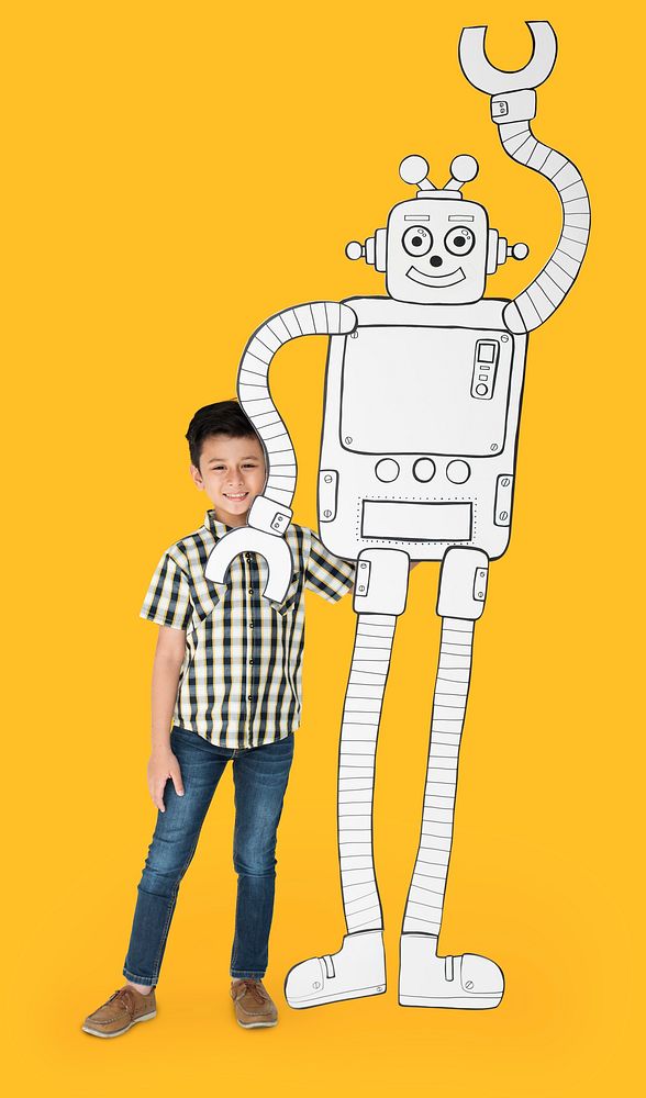 Boy Standing Full Body With Robot