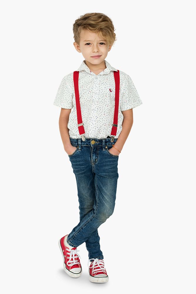 A Caucasian Boy Standing Crossing Legs Background Studio Portrait