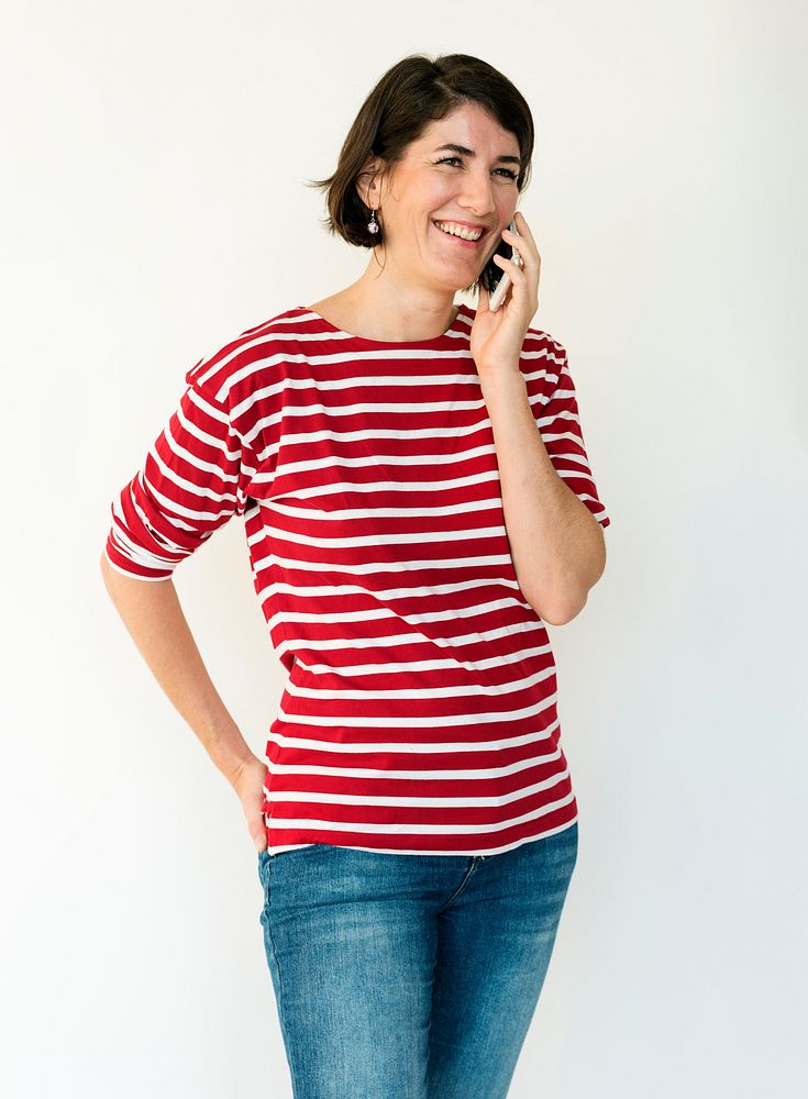 Adult Woman Smile Use Phone Studio Portrait
