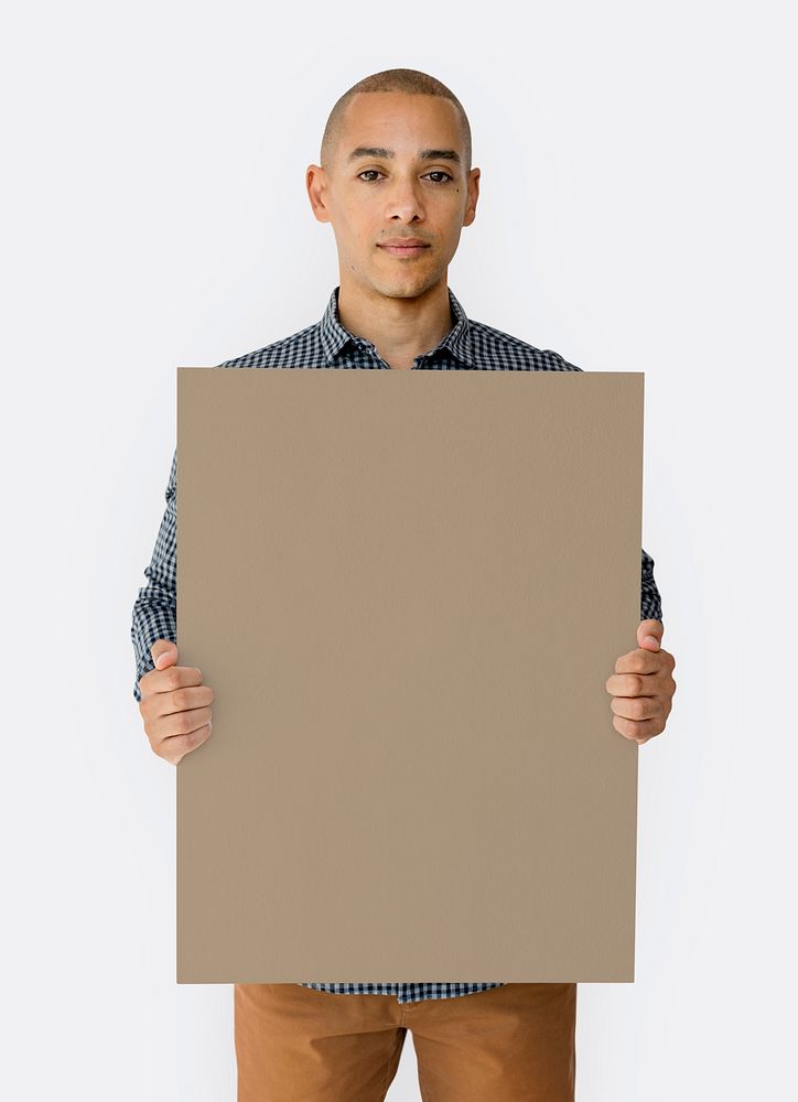 Happiness man holding blank banner studio portrait