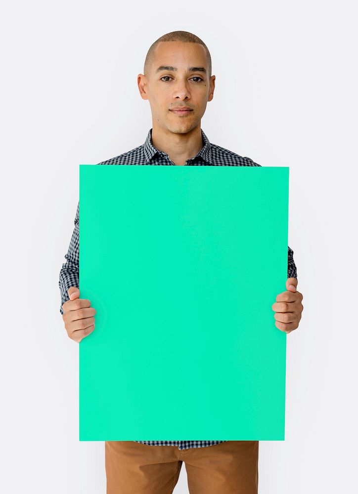 Happiness man holding blank banner studio portrait