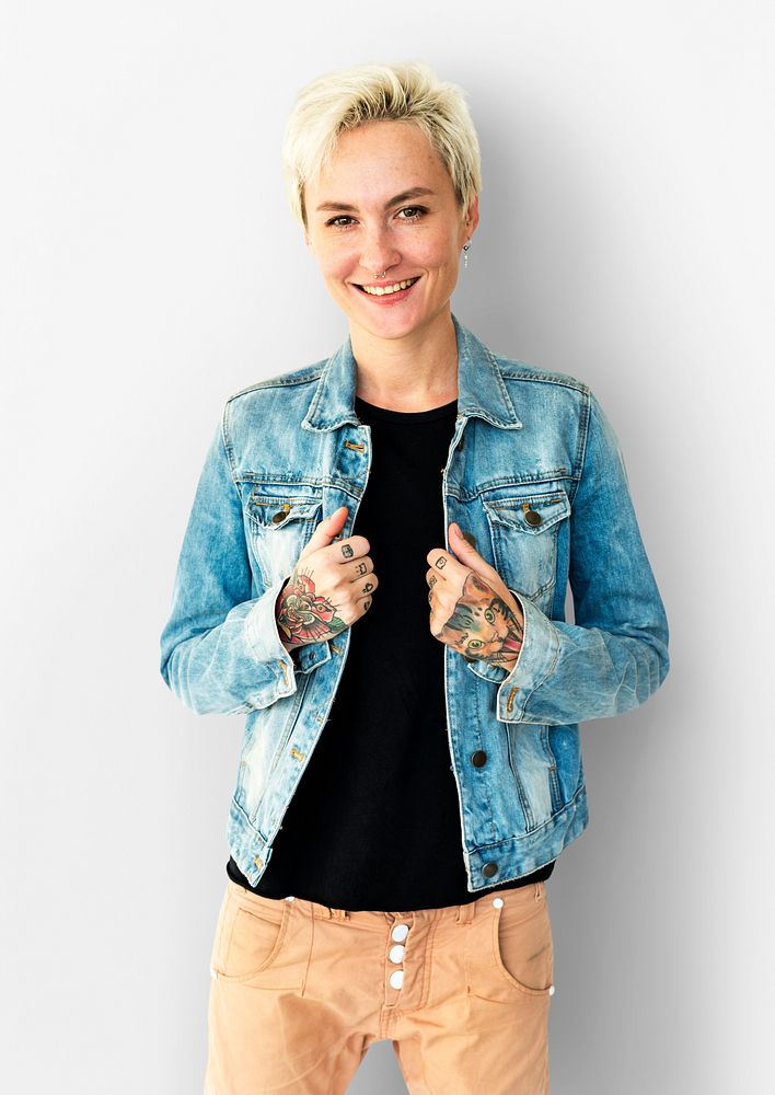 Cuacasian Blonde Woman with Jeans Jacket