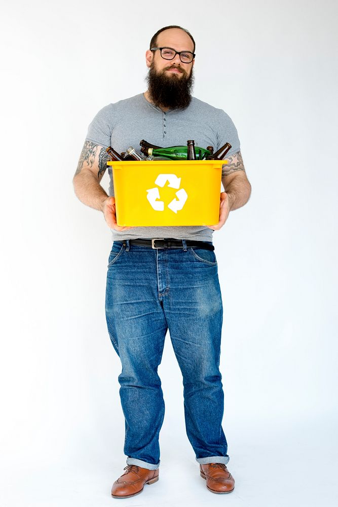 Adult Man Holding Separated Glass Bottles Recyclable