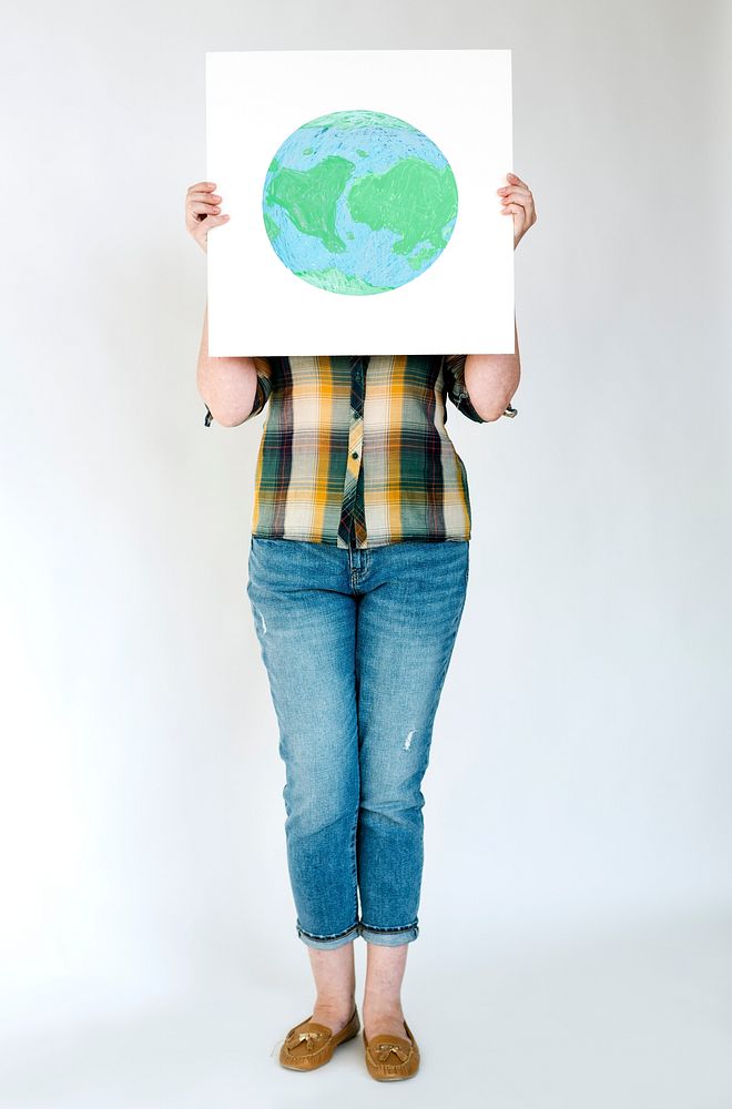 Woman Face Covered with Planet on Paper Board Environment