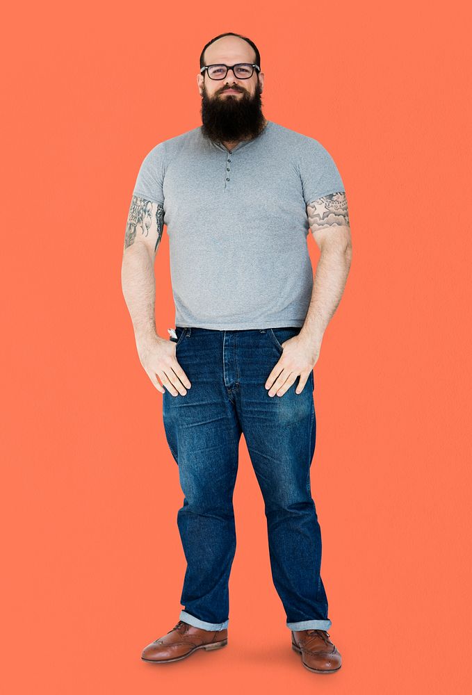 Adult Beard Man with Tattoo Gesture Stand Studio Portrait