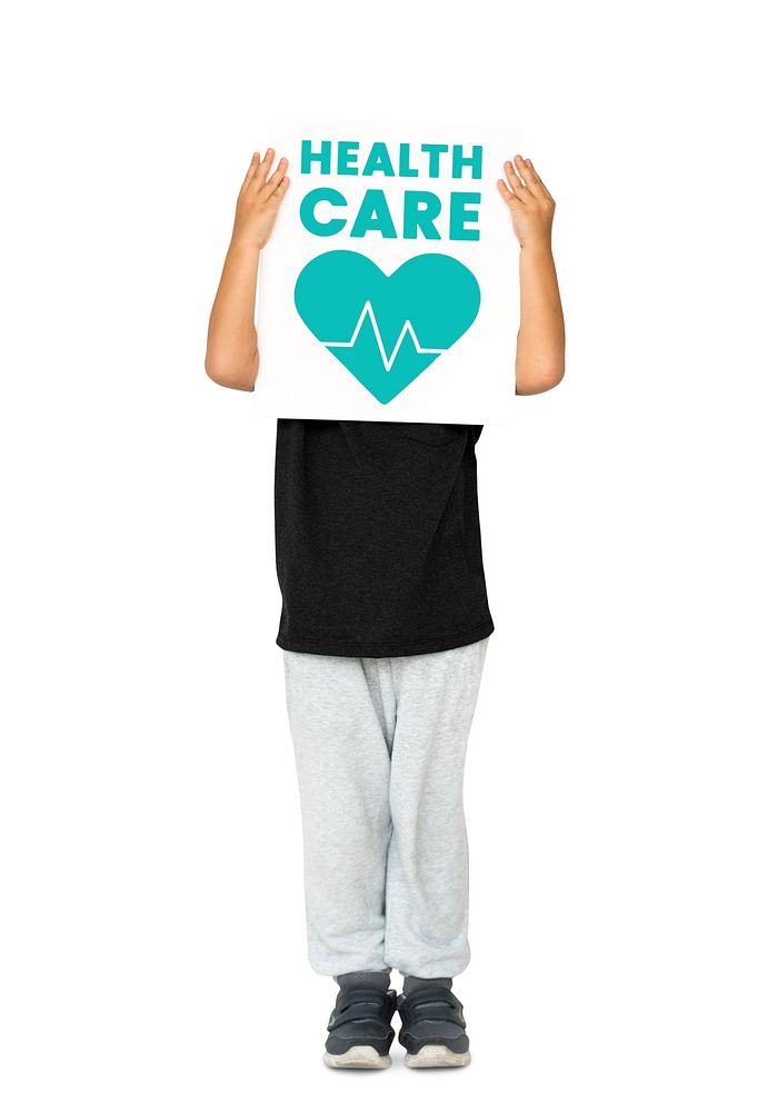 Kid with healthcare banner placard