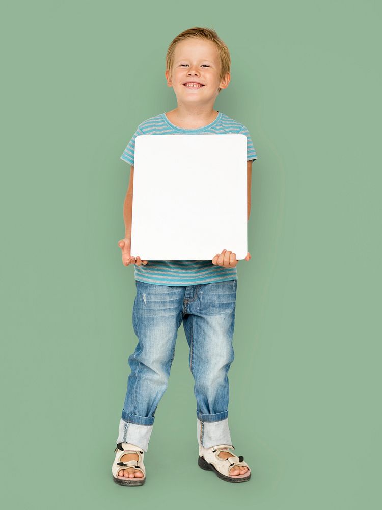 Little Boy Holding Blank Paper Board Studio Portrait