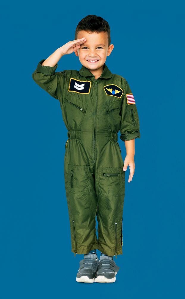 Little Boy in Military Pilot Aviation Costume Studio Portrait