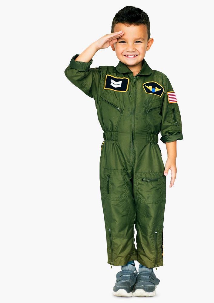 Cheerful boy in military pilot costumes