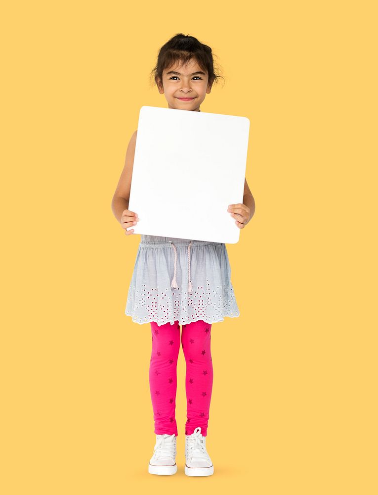 Happiness little girl smiling holding blank placard