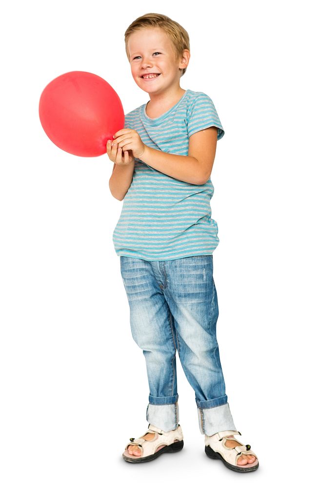 Happiness little boy smiling and holding balloon studio portrait