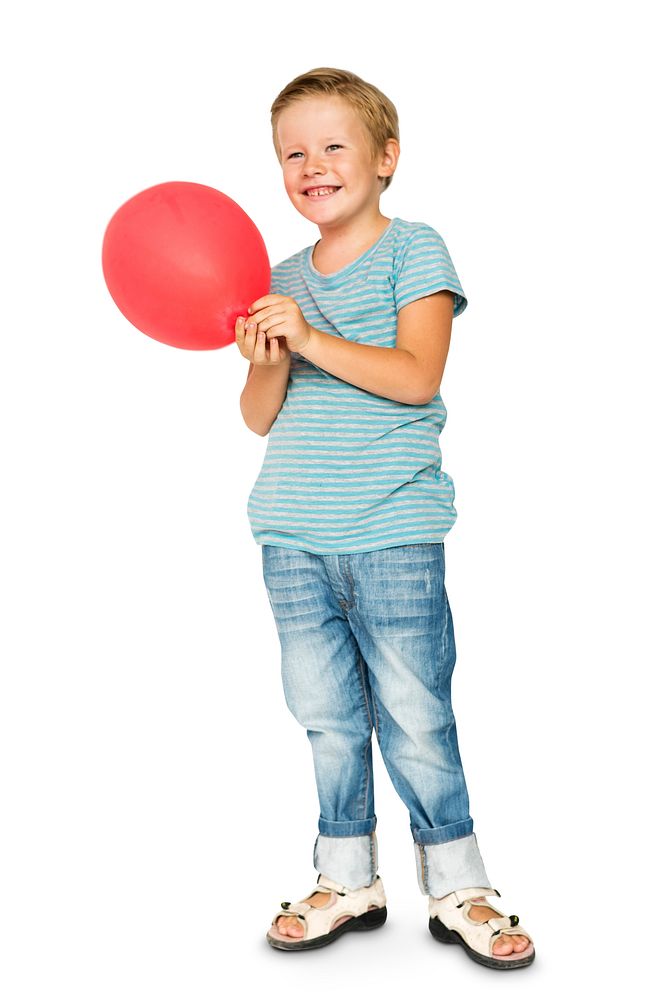 Happiness little boy smiling and holding balloon studio portrait