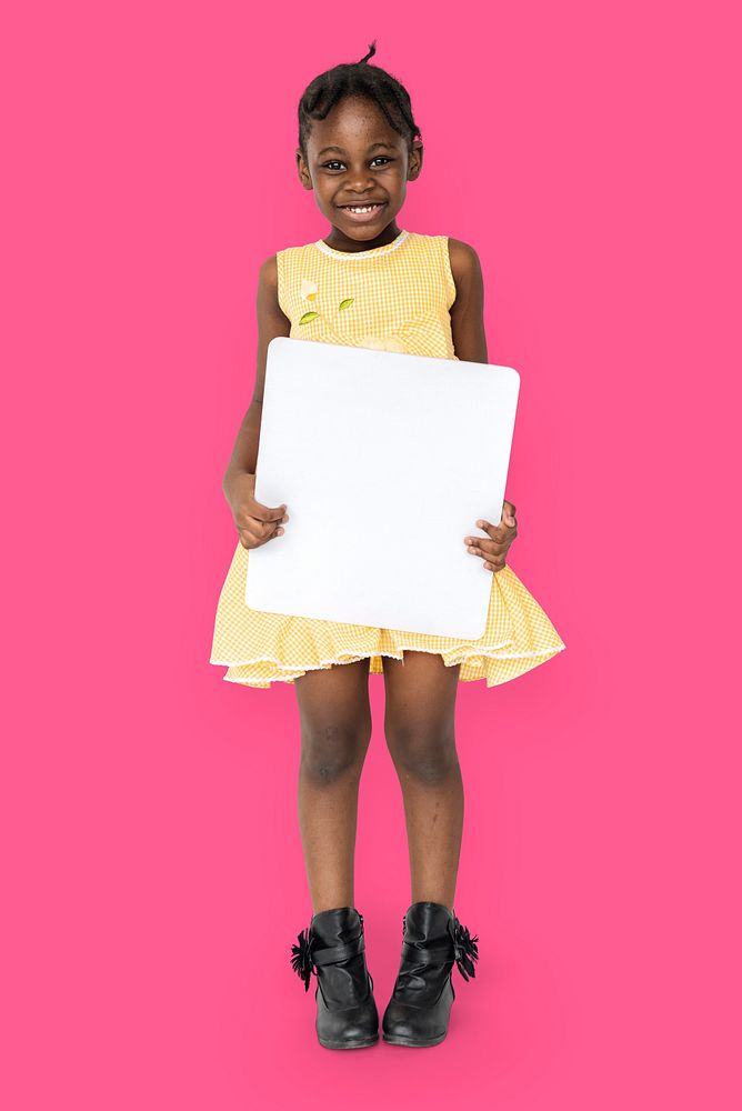 African little girl holding blank placard studio portrait
