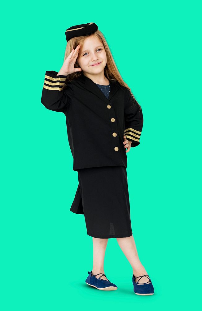 Young caucasian girl in the air hotess uniform