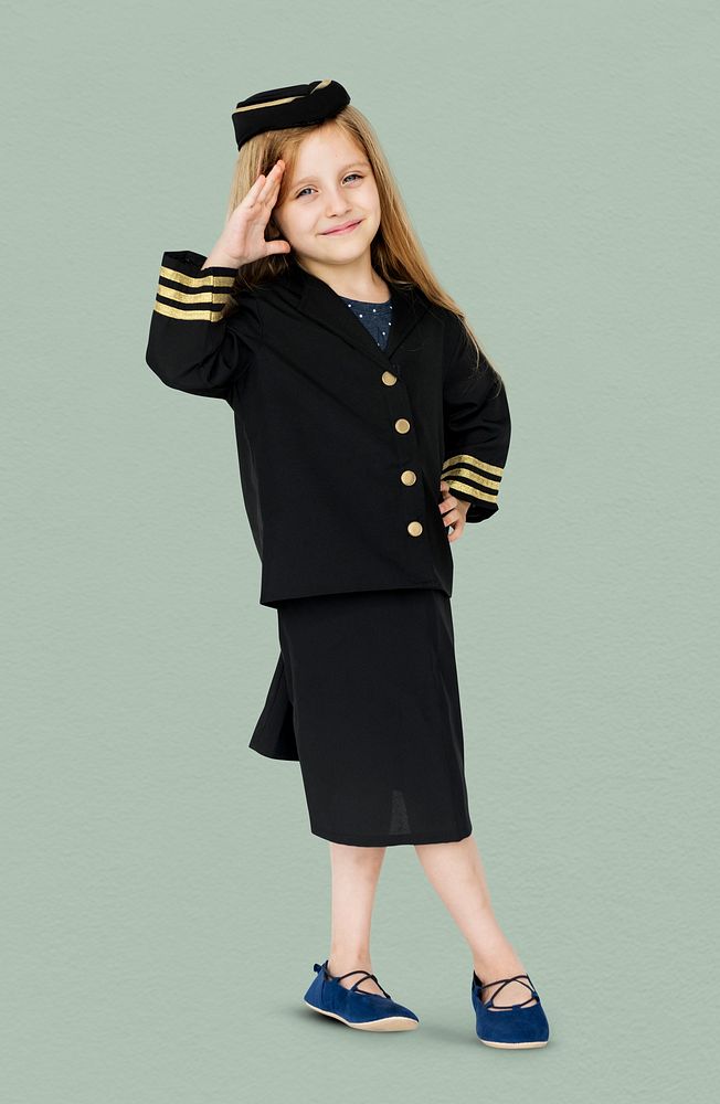 Young caucasian girl in the air hotess uniform