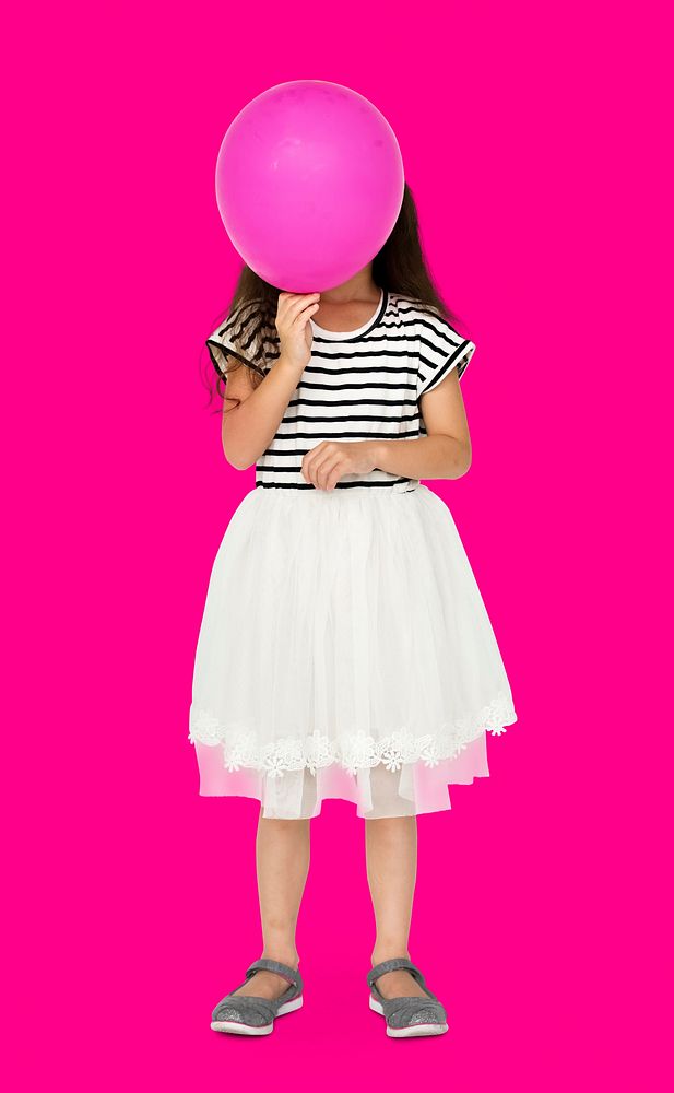 Young is holding pink balloon cover her face