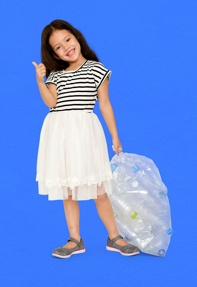 Little Girl Holding Separate Plastic Bottles Studio Portrait
