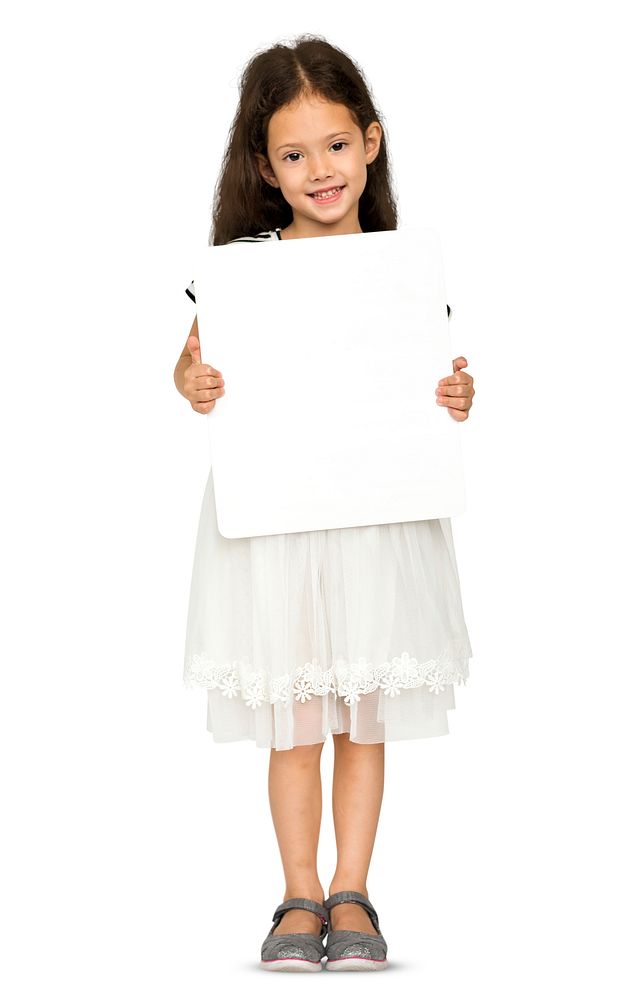 Little Girl Holding Blank Copy Space Paper Board Studio Portrait
