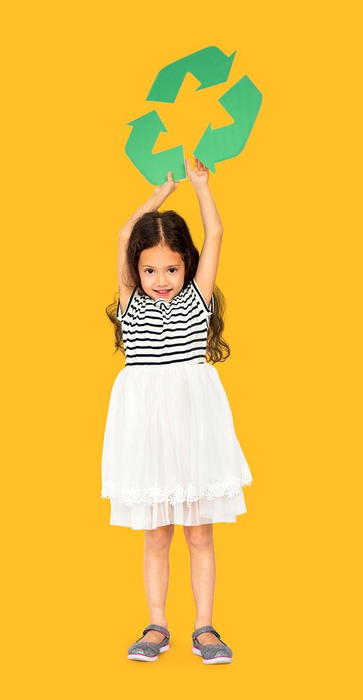 Little Girl Holding Recycle Symbol Studio Portrait