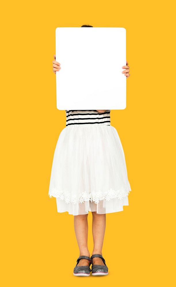 Little Girl Holding Blank Copy Space Paper Board Studio Portrait