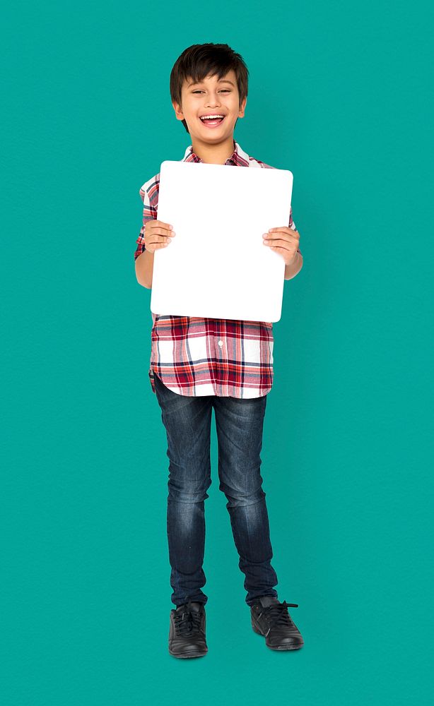 Little Boy Holding Blank Paper Board Studio Portrait