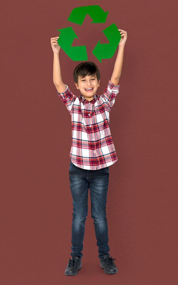 Little Boy Holding Recycle Symbol Studio Portrait
