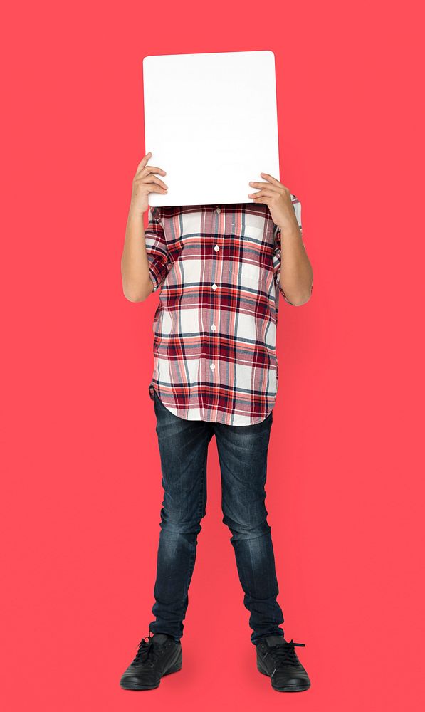 Little Boy Holding Blank Paper Board Studio Portrait