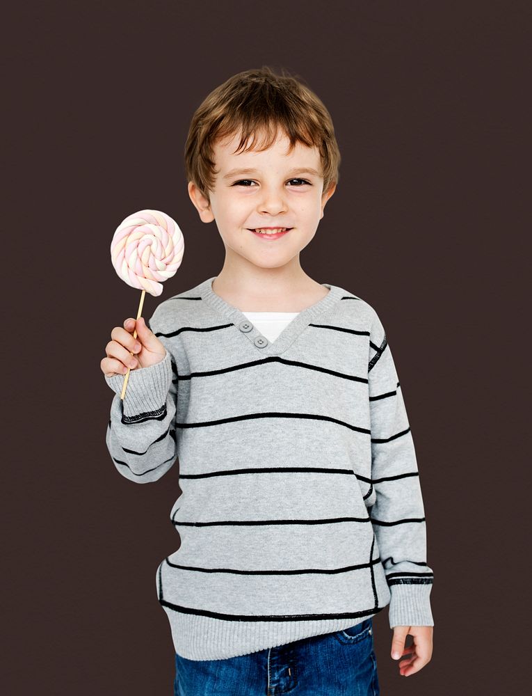 Little Boy Hands Holding Marshmallow Candy Studio Portrait