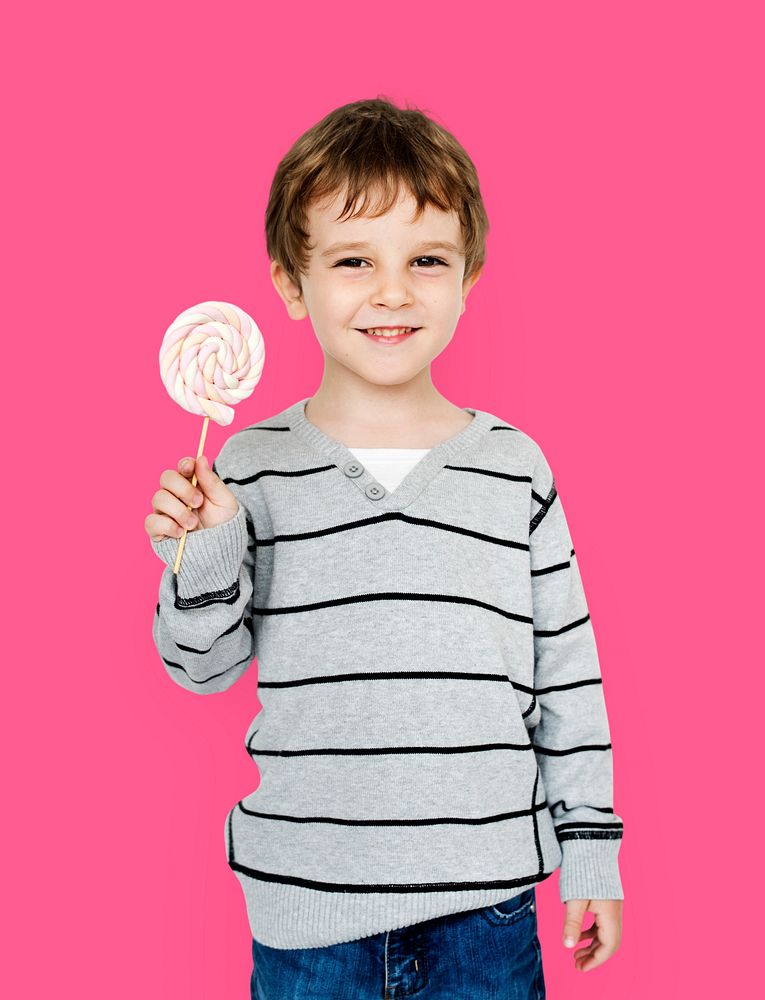 Little Boy Hands Holding Marshmallow Candy Studio Portrait