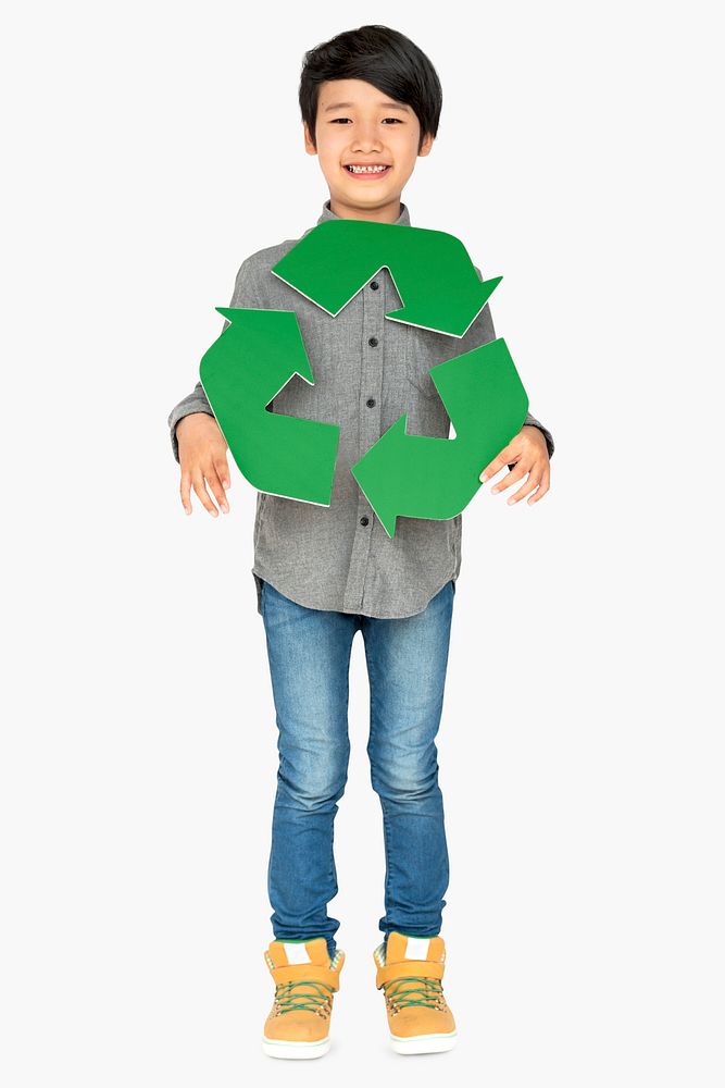 Little Boy Holding Recycle Symbol Studio Portrait