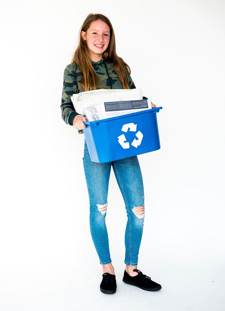 Ecology young adult girl separate recycle stuff